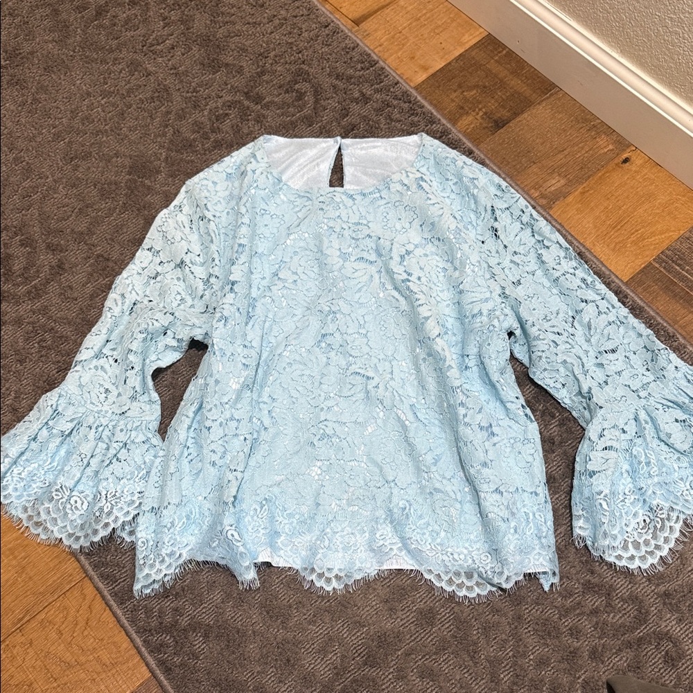 Light Blue Lace Bell-Sleeve Women's Top
